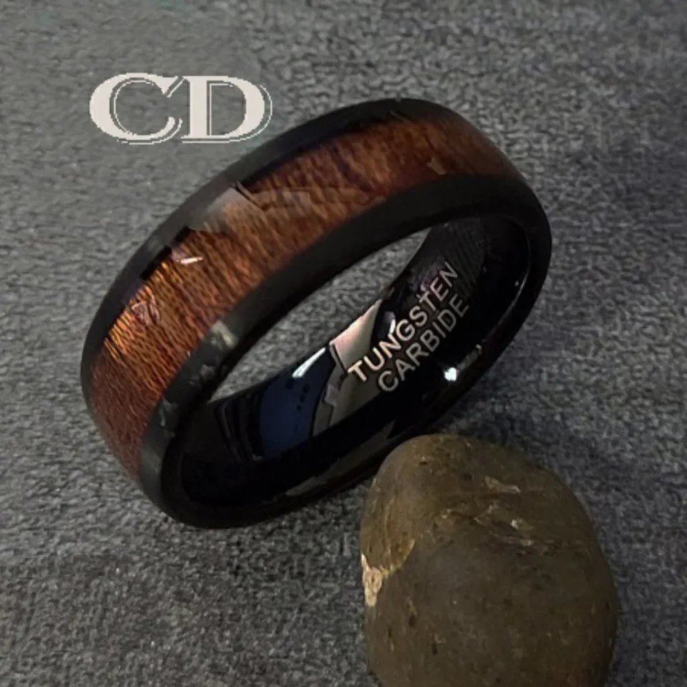 Men's Real Black Tungsten Wedding Ring With Whiskey Barrel Wood Inlay
